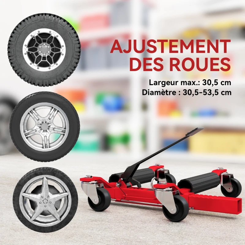 HOMCOM Chariot de manutention de voiture capacité 680 kg largeur de pneu 30 cm, 63 x 57-72 x 33 cm, rouge