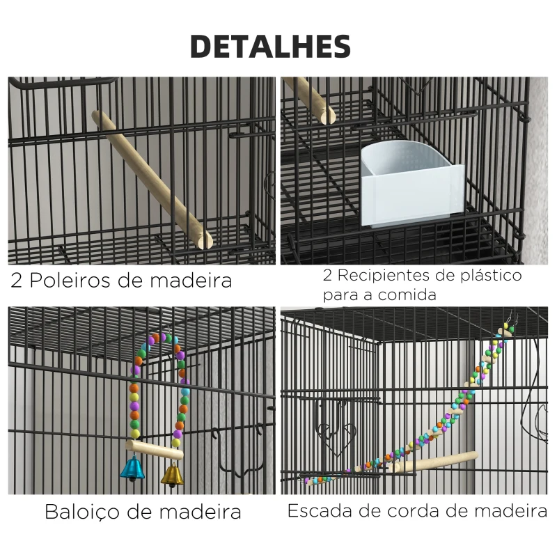 PawHut Gaiola Dupla e Empilhável para Pássaros 77x46x164 cm com Rodas Poleiros Bandeja Amovível Comedouros Baloiço e Escada Preto