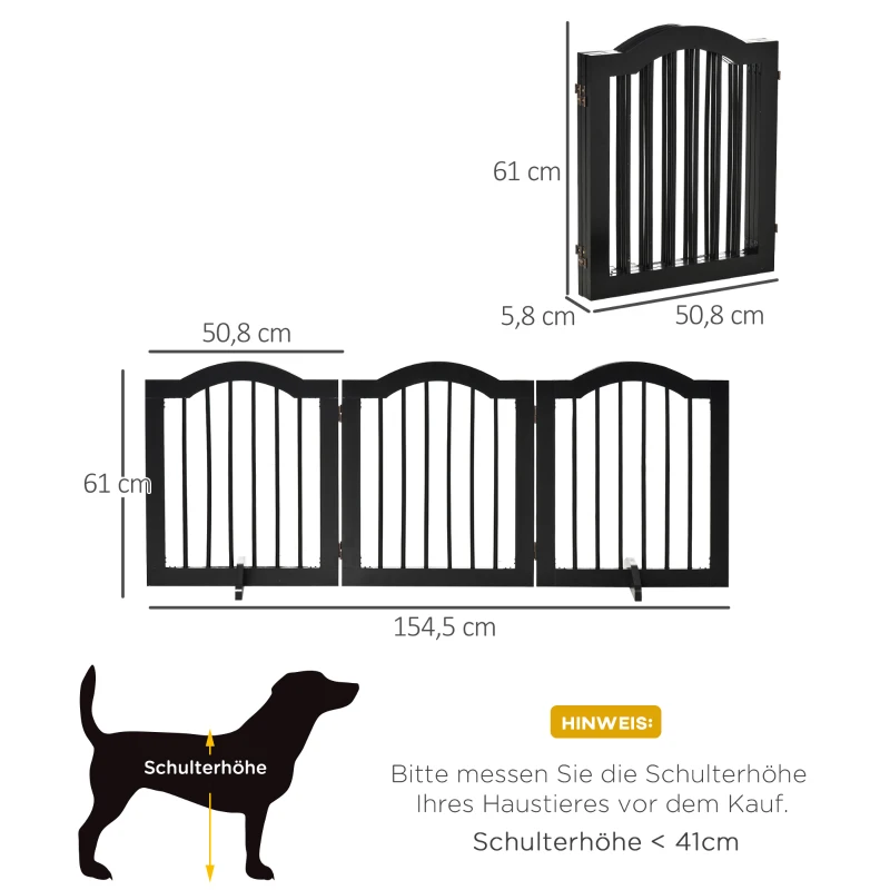 PawHut honden versperring beschermrek hondenrek configuratierooster 3-delig met twee steunpoten, stabiel en opvouwbaar geschikt voor binnen en buiten MDF zwart 154,5 x 29,5 x 61 cm