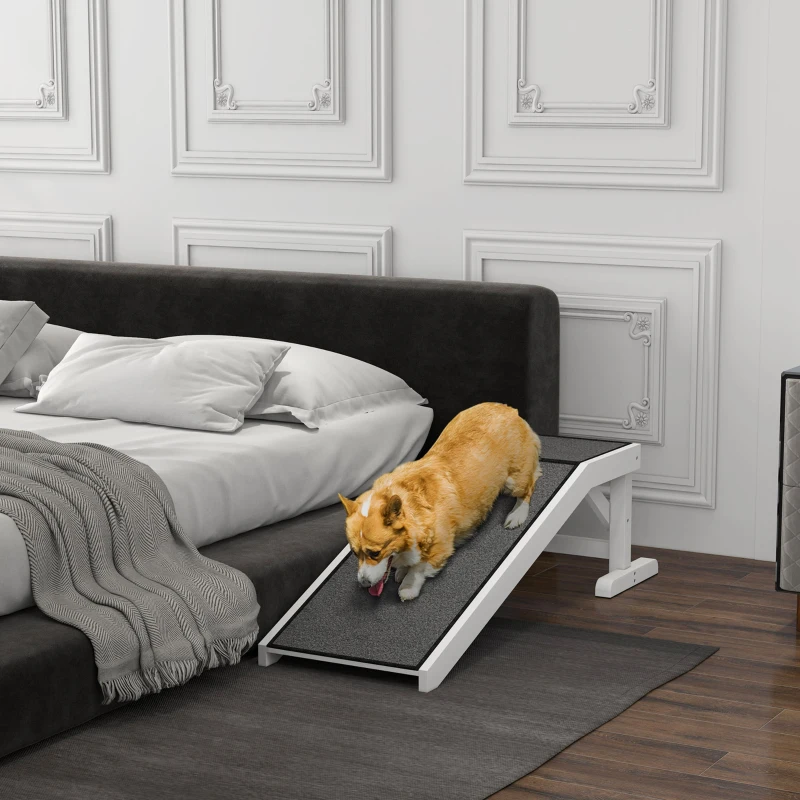 PawHut Rampa para Mascotas de Madera con Alfombra Antideslizante para Perros Pequeños o Mayores 125x40x35,5 cm Blanco y Gris
