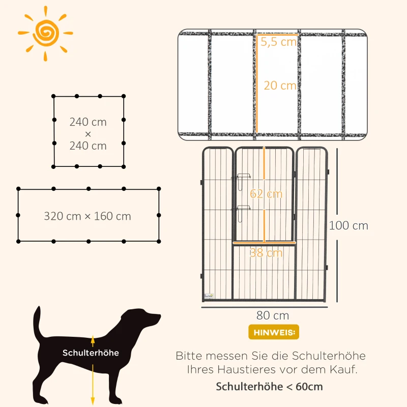 PawHut Puppyren 12-delig opvouwbare puppyren met 2 deuren 12 spijlenpanelen staal elk 80x100 cm grijs
