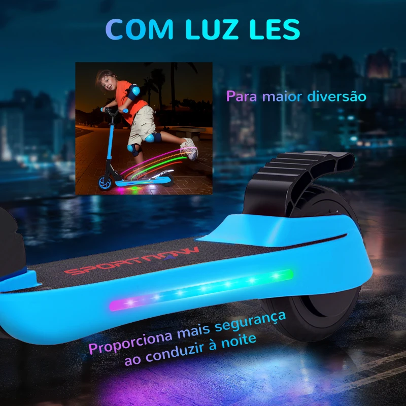 SPORTNOW Trotinete Elétrica Dobrável para Crianças 120 W Autonomia 6 km e Máximo 10 km/h com Travão Luzes LED 74x52x83-87 cm Azul