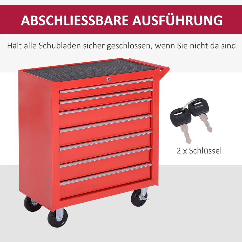 DURHAND Gereedschapswagen, 2 kleine & 5 grote laden, Staal, tot 150 kg, 69 x 33 x 75 cm, Rood
