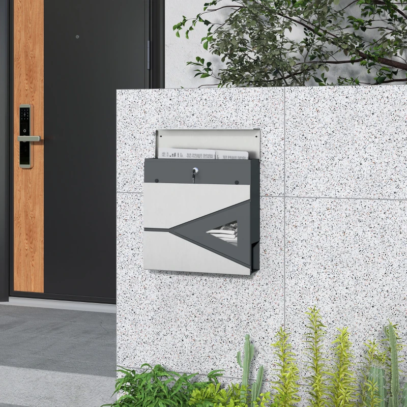 HOMCOM Wall Mounted Post Box with Viewing Window, 2 Lock, Modern Galvanised Steel Mailbox with Copper Core, Weatherproof Letterbox for Outdoor Use, Easy to Install, Silver