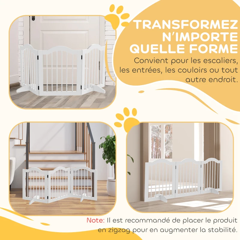 PawHut Barrière de sécurité chien barrière modulable pliable pour animaux de compagnie avec pied de support MDF bois massif 154,5 x 61 cm blanc