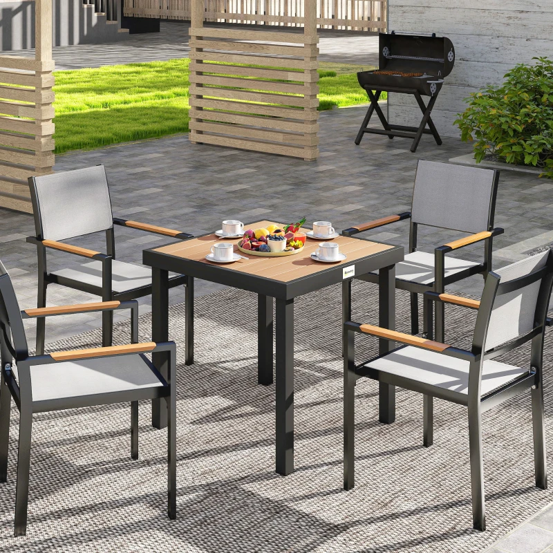 Outsunny 78 cm Garden Dining Table for 4 People, Square Outdoor Coffee End Side Table with Aluminium Legs, Natural Wood Finish