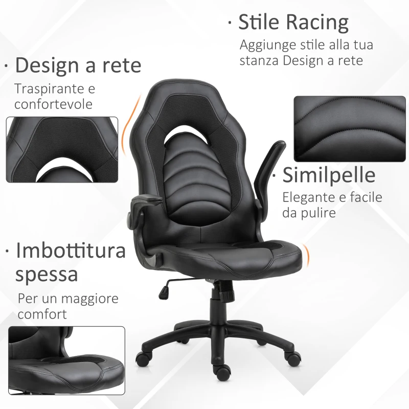 Vinsetto Poltrona Gaming o da Ufficio in Similpelle Nera, Braccioli Pieghevoli Schienale e Altezza Regolabile 117-127Acm