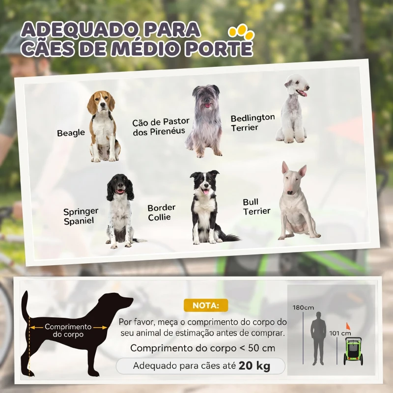 PawHut Reboque de Bicicleta para Cães 2 em 1 com Carrinho de Transporte, Refletores e Bandeira de Segurança, Verde