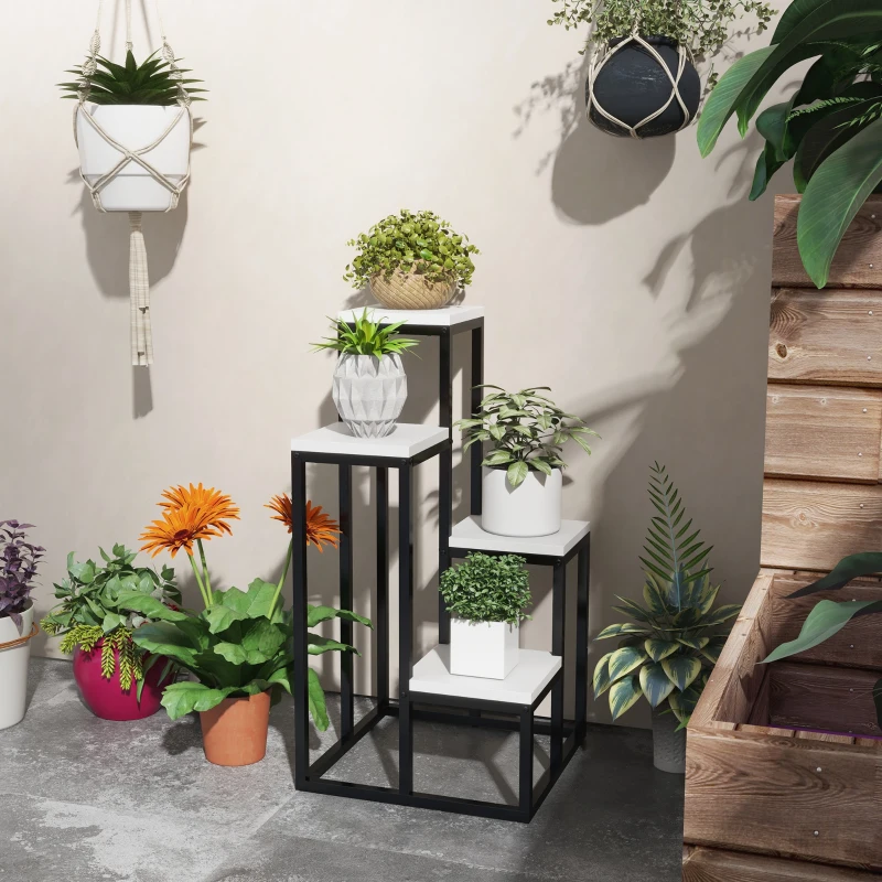 Outsunny Bloemenrek, 4 niveaus, voor binnen en buiten, metalen frame, 34L x 34B x 70H cm, zwart+wit
