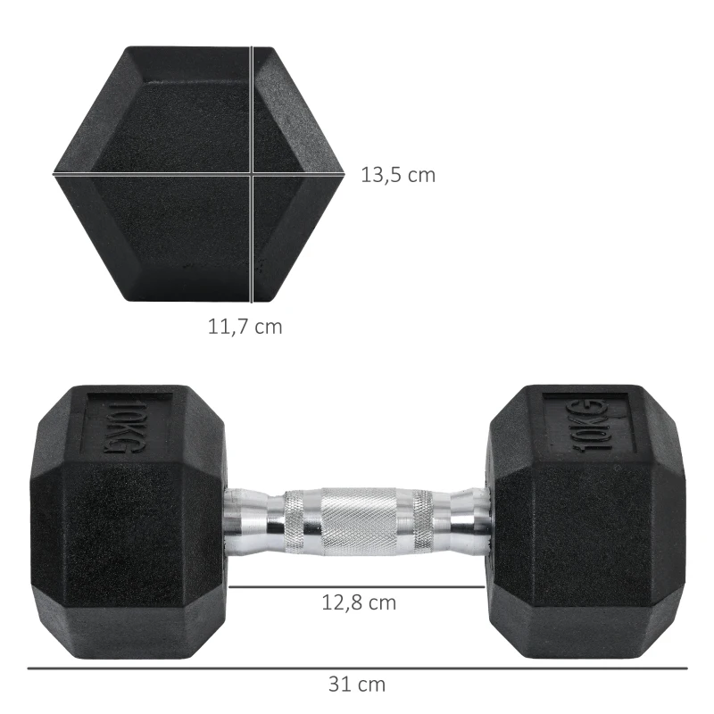 HOMCOM Set 2 Manubri Esagonali da 10kg in Metallo e Gomma per Workout in Palestra, Casa e Ufficio, Nero
