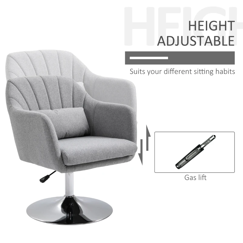 HOMCOM Swivel Accent Chair, Linen Fabric Tub Vanity Chair, Modern Armchair with Adjustable Height and Lumbar Support for Living Room Bedroom Salon Make up Room Dressing Table, Light Grey