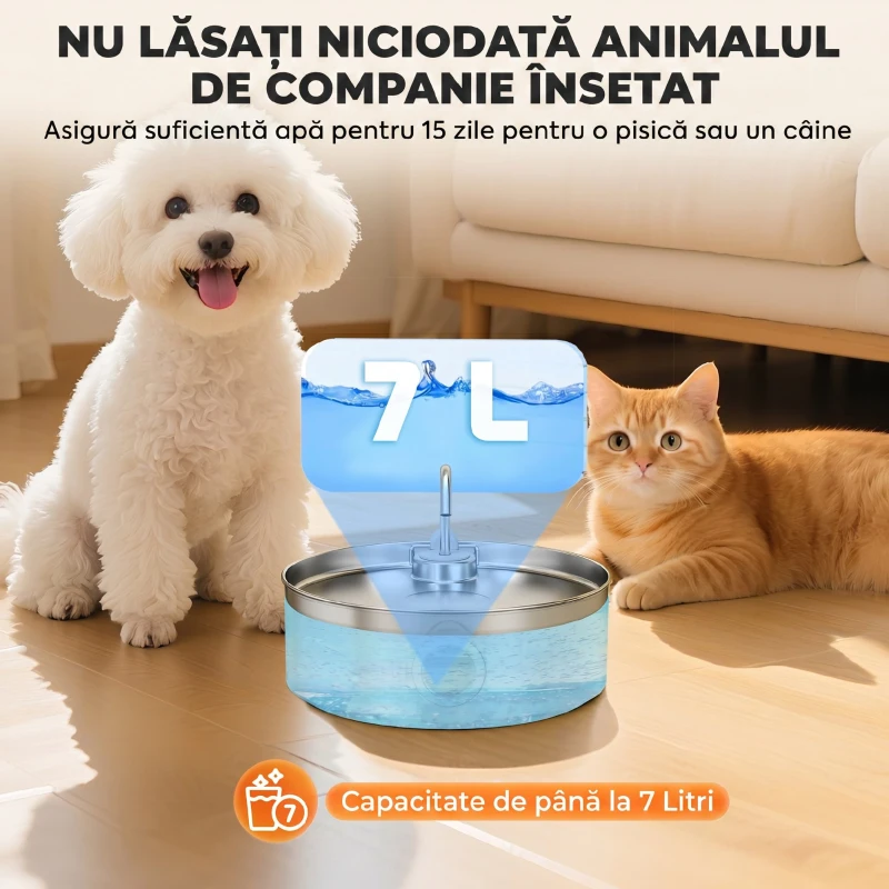 PawHut Fântână pentru Pisici 7L cu Lumină LED și Filtrare Triplă, din Oțel Inoxidabil 304, 30.5x31.2x19.3 cm, Argintiu