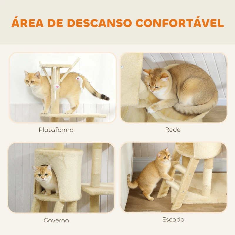 PawHut Arranhador para Gatos com Caverna Plataformas Rato de Brinquedo Rede e Postes de Sisal 60x35x134 cm Bege