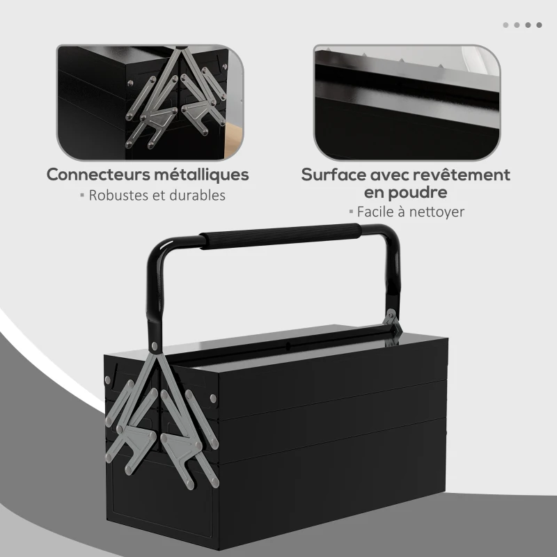 DURHAND Boite à outils métallique - coffret à outils - caisse à outils 3 niveaux 5 plateaux rétractables - tôle acier noir