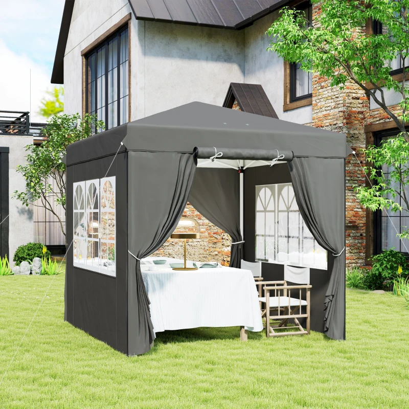 Outsunny 2,5 x 2,5 m Pop-up-Pavillon mit Seitenwänden und Transporttasche, UPF50+ höhenverstellbares Gartenzelt, Dunkelgrau