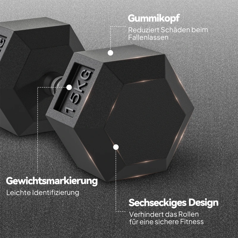 HOMCOM hexagon dumbbell gietijzeren dumbbell rubberen dumbbell handvat gekartelde gewichten metaal rubber zwart 1 x 15 KG(m-4)