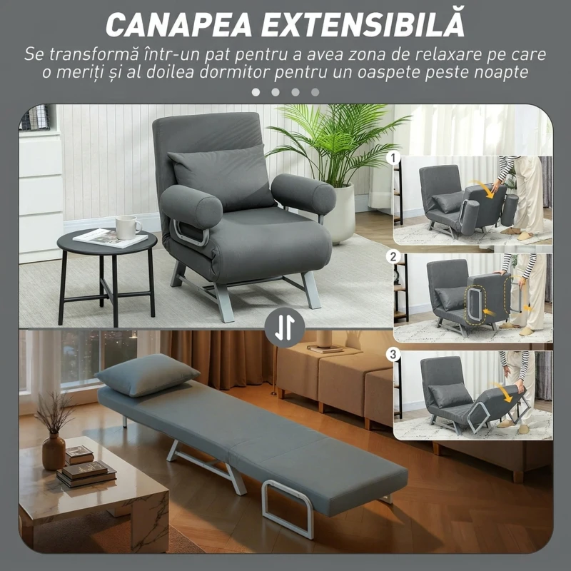 HOMCOM Fotoliu Extensibil 3 în 1 cu Spătar Reglabil pe 5 Nivele, din Material cu Efect de In, 73x78x81 cm, Gri Închis