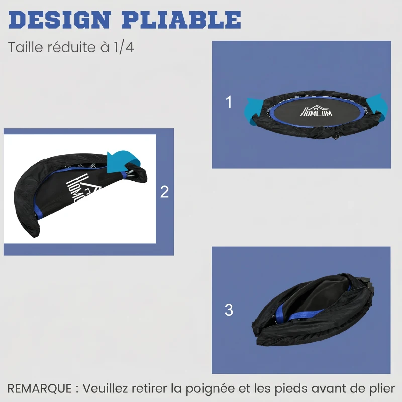 HOMCOM Trampoline de fitness gymnastique avec poignée réglable, pliable, 6 pieds, 28 ressorts Ø 102 cm, noir bleu