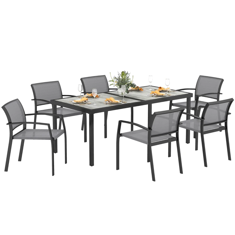 Outsunny 7-delige eettafelset, 6 stoelen, 1 tafel, stapelbaar, gemakkelijk te reinigen, stalen frame, tuinmeubelset, grijs
