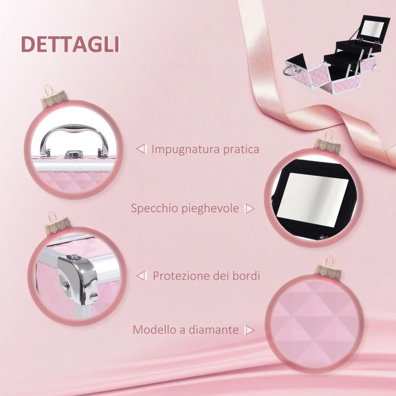 HOMCOM Valigetta Porta Trucchi con Profili in Alluminio, Maniglia e Vassoio Cantilever, 20x15x15cm, Rosa