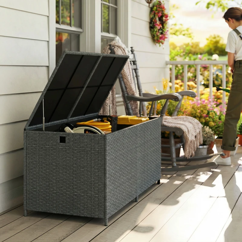 Outsunny Rattan Auflagenbox 650L wetterfest UV-beständig Kissenbox mit Deckel Rollen Stauraum 150 x 75 x 74 cm Dunkelgrau