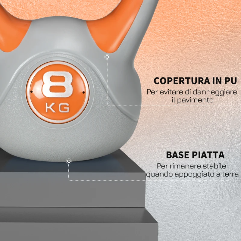 SPORTNOW Kettlebell 8kg in PU e Sabbia con Base Piatta e Impugnatura per Stacchi, Squat e Sollevamenti, 20x14x24 cm, Arancione