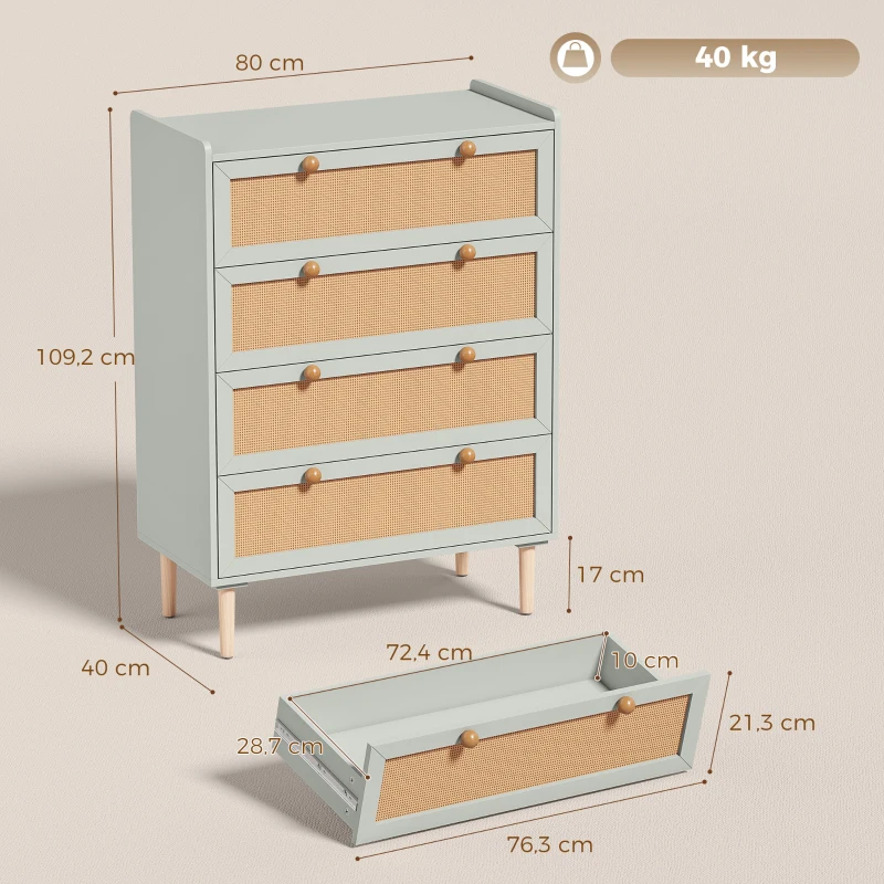 HOMCOM commode met 4 lades, boho ladekast met rattanlook fronten en grenenhouten poten, saliegroen
