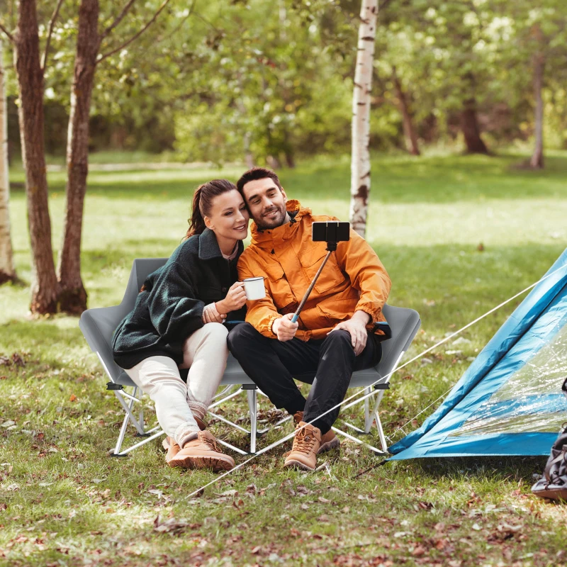 Outsunny Faltstuhl 2 Sitzer faltbar Campingstuhl mit Armlehnen Seitentasche bis 240kg belastbar Grau