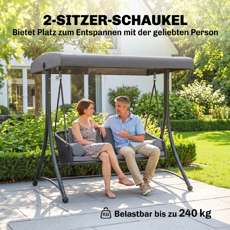 Outsunny Hollywoodschommel Rotan 2-persoons Tuinschommel met Verstelbaar Zonnedak en zachte kussens A-frame Donkergrijs