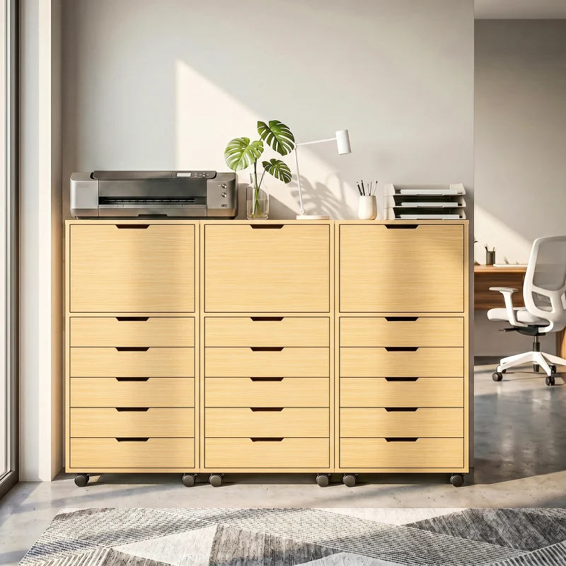 HOMCOM Gaveteira de Escritório com 5 Gavetas, Armário com Fecho Suave, Rodas e Suporte para Impressora, Madeira Natural