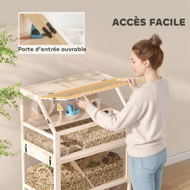 PawHut Cage pour hamster habitat pour rongeur 3 étages avec panneau acrylique et roue 80x53x117cm effet bois naturel