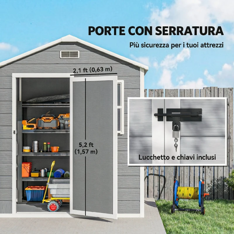 Outsunny Capanno da Giardino, Capanno in Plastica con Pavimento, Finestra, Porta con Serratura e Prese d'Aria, Grigio