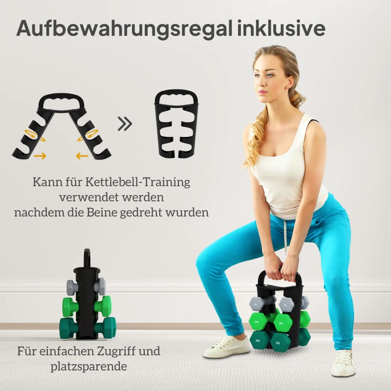 SPORTNOW Halterset met opbergrek, set met 6 halters voor fitness-training, 2 x 1kg, 2 x 2kg, 2 x 3kg