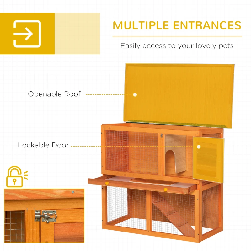 PawHut Two-Tier Rabbit Hutch, Wooden Outdoor Pet Cage, with Opening Top