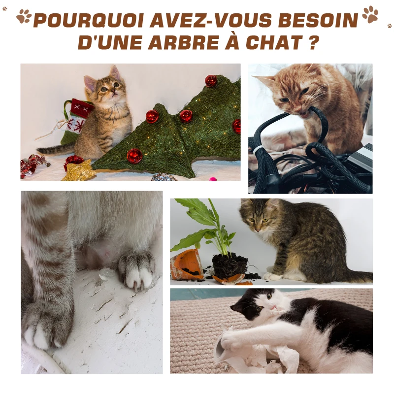 PawHut Arbre à chats centre d'activités griffoirs grattoir sisal niche hamac plateformes boule suspendue revêtement peluche courte 65L x 50l x 153H cm beige café