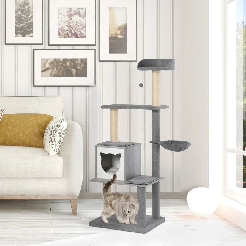 PawHut Tiragraffi per Gatti Multi-attività Morbido con Cuccia Palla Cestino Sospeso in Sisal Peluche Grigio 61x49x160.5cm