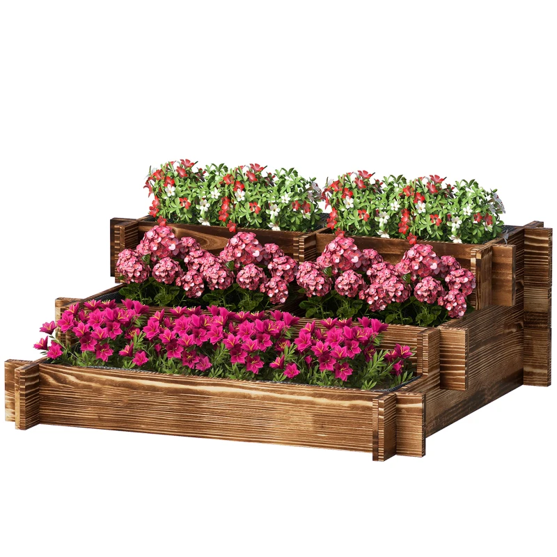 Outsunny Caixa de Plantio de Madeira de 3 Níveis com Malha Geotextil para Cultivos de Plantas Flores Exterior 93x93x35 cm Carbonizado