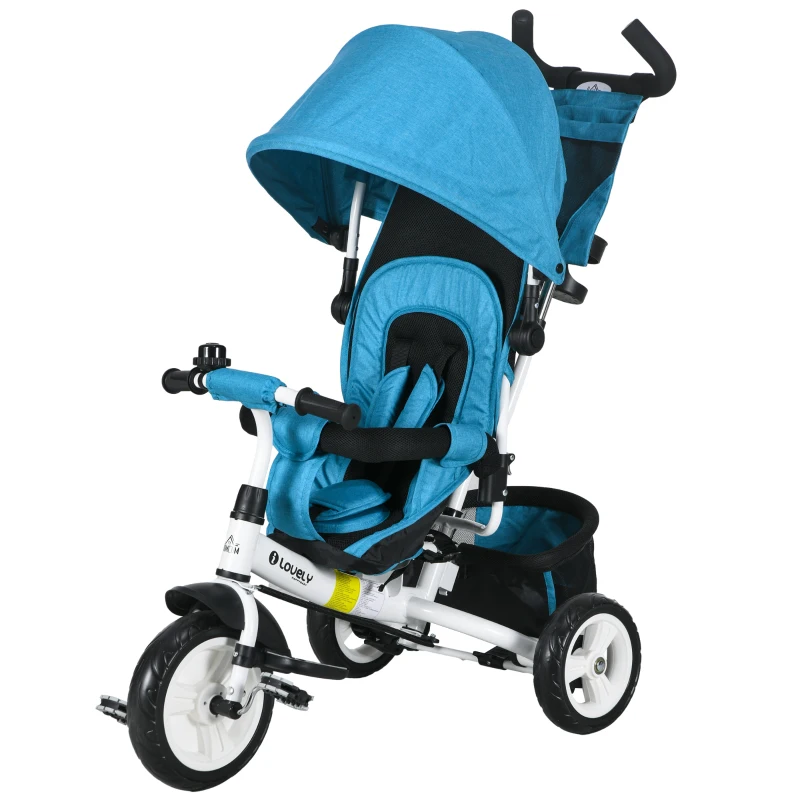 HOMCOM 6 in 1 Kids Trike with Parent Handle, Canopy, 5-point Seat Belt, Storage, Footrest, Brake, for 1-5 Years, Blue