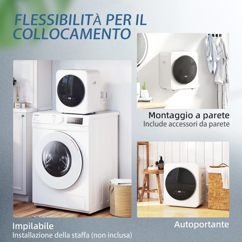 HOMCOM Mini Asciugatrice Portatile 2.5  kg, Display LED, 800W, Carica Frontale, Fino 60℃, Impilabile/Parete/Autoportante, Timer, per Casa, Bianco