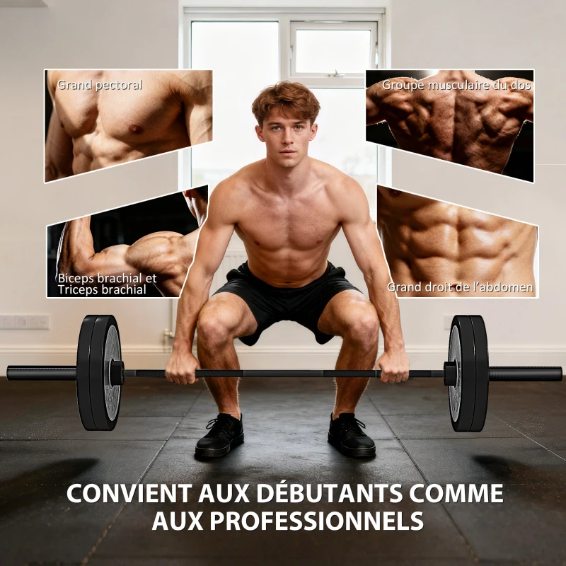 SPORTNOW Barre Olympique de 50 mm en Acier Finition Mate avec Prise Moletée et Manchons Longs, Charge 200 kg, Ø5 x 180 cm, Noir