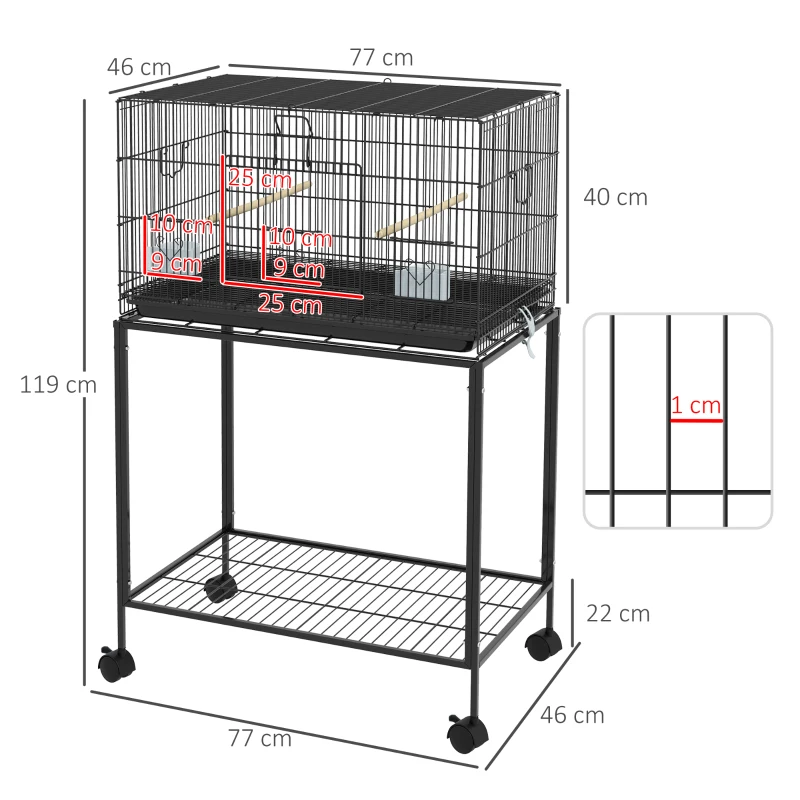 PawHut Jaula para Pájaros con Ruedas 77x46x119 cm Jaula Metálica para Aves con Bandeja Extraíble 2 Perchas 2 Comederos Negro