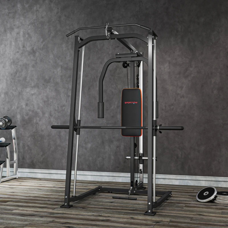 SPORTNOW 3-in-1 Smith Machine with Dual Cable Pulley System, Chest Press Station, 17-Level Squat Rack and Barbell Bar