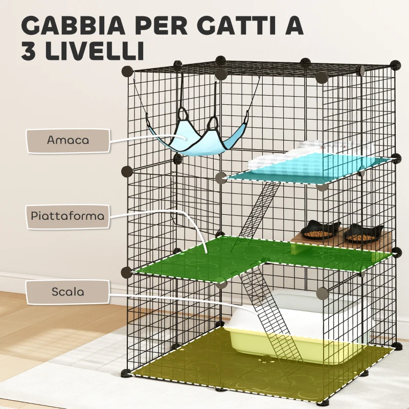 PawHut Gabbia per Gatti Recinto Personalizzabile 3 Livelli, 105cm, Nero