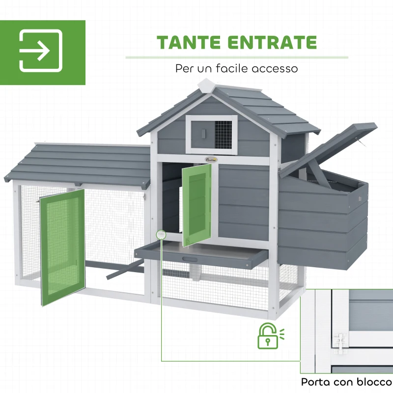 PawHut Pollaio Casetta per Galline Ovaiole in Legno, 151.5x54x87cm, Grigio Scuro