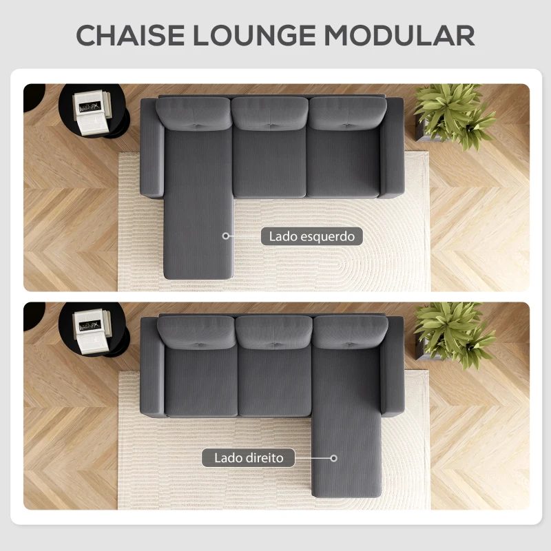 HOMCOM Sofá Chaise Longue Reversível Sofá de Canto em Forma de L de 3 Lugares Estofado em Veludo Cotelê 192x137x84 cm Cinzento Escuro