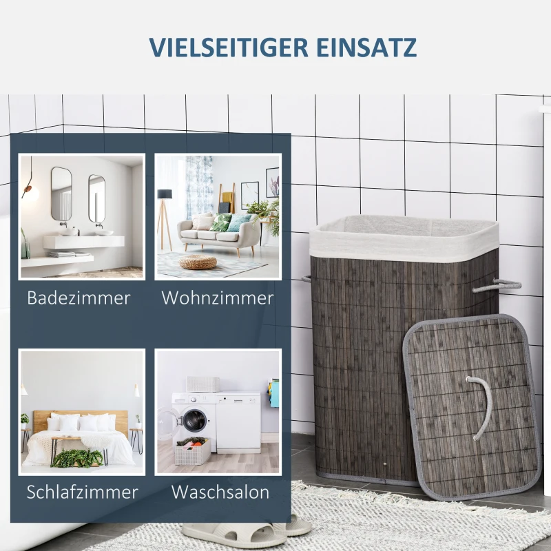 HOMCOM Wasmand met Handvatten en Wasbare Waszak, Rattan, Polyester, Katoen, Metaal, 43L x 32B x 61H cm, Grijs