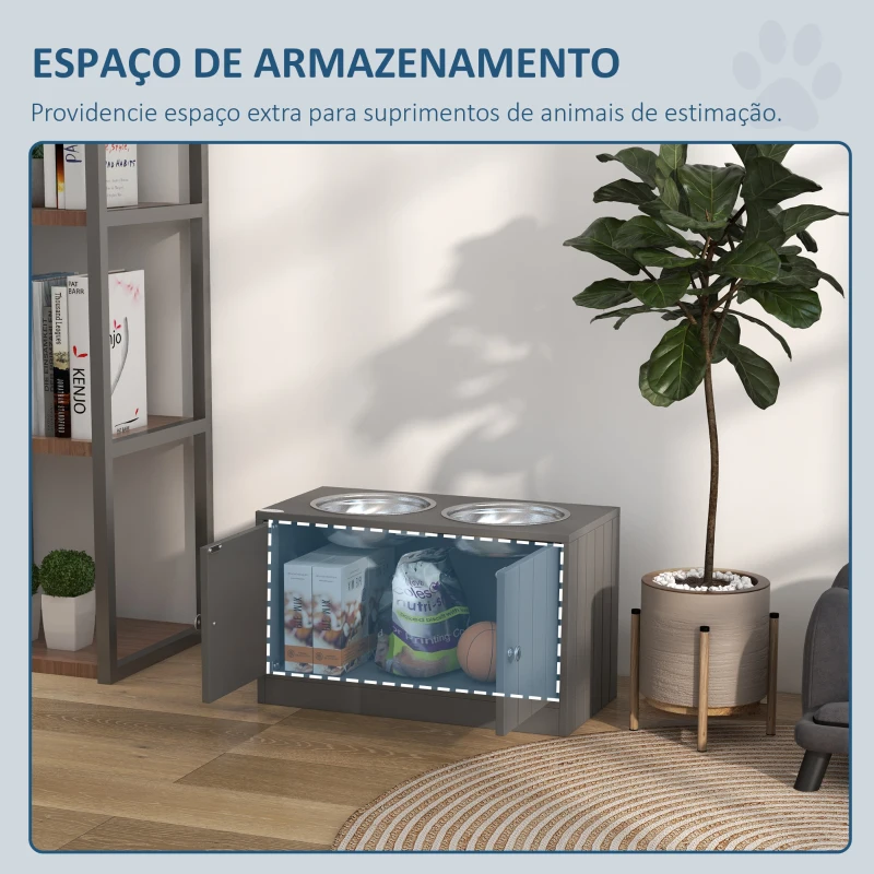 PawHut Comedouro Elevado Cinzento para Cães Grandes com 2 Tigelas de 2L, 2 Portas e Arrumação, 60x30x35,5 cm