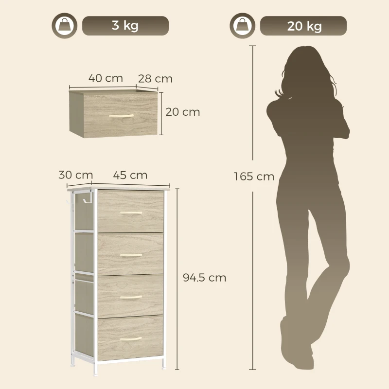 HOMCOM Chest of Drawers, Dresser with 4 Fabric Drawers, Tall Storage Unit with 4 Pockets and 2 Hooks, Steel Frame, Natural Wood