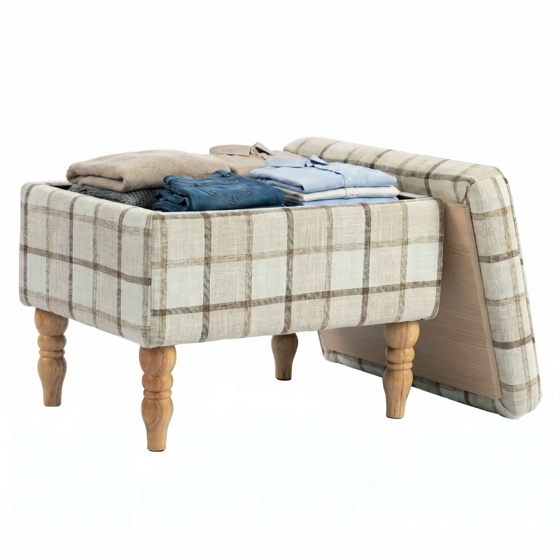 HOMCOM Linen Fabric Upholstered Footstool, Rectangular Storage Stool with Removable Top, Padded Seat and Hidden Space, Brown