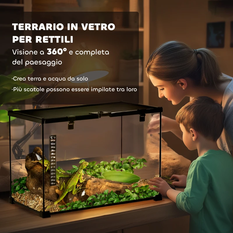 PawHut Terrario per Rettili Rialzato con Serratura e Termometro, in Vetro e Rete Metallica, 50x30x35 cm, Nero